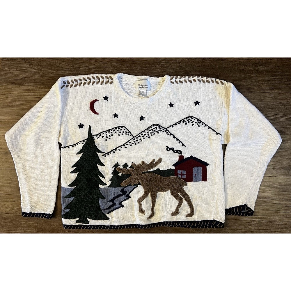 Vintage Christopher & Banks Women Large Winter Moose Sweater Hand Embroidered F8